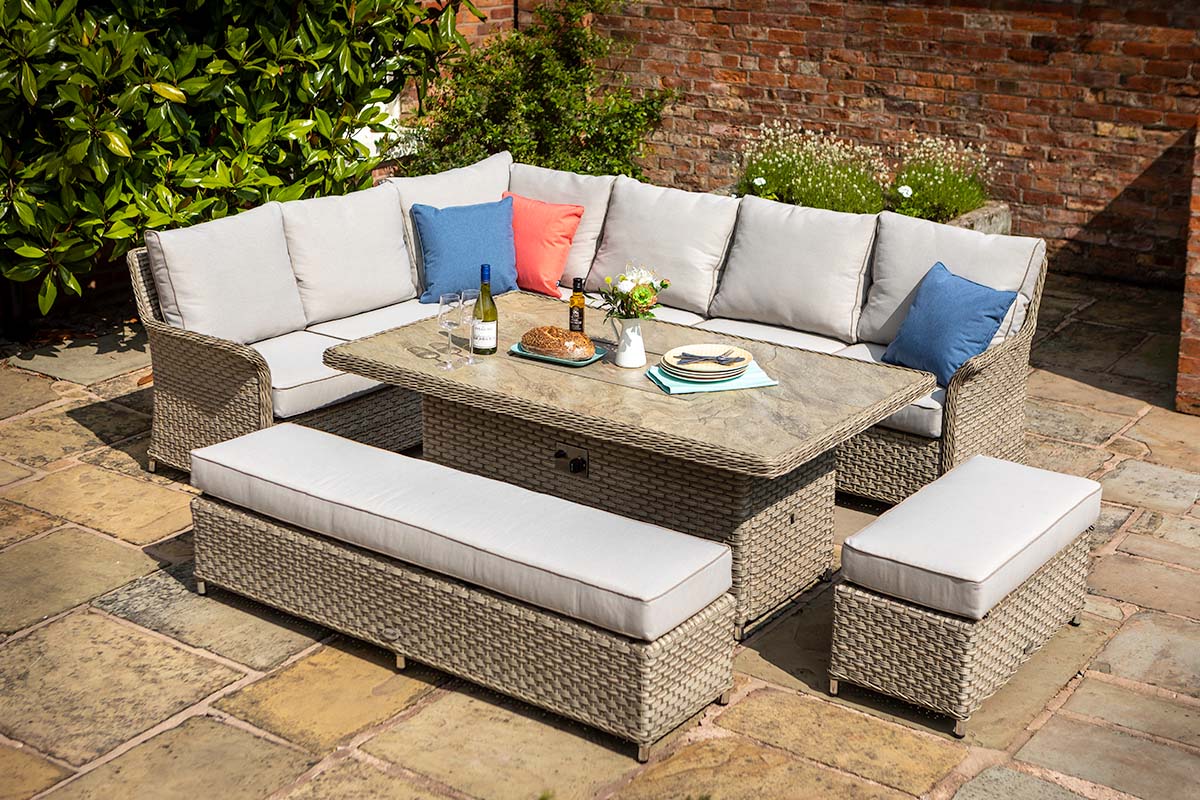 Heritage Grand Rectangular Casual Dining Set with Gas Fire Pit Table 