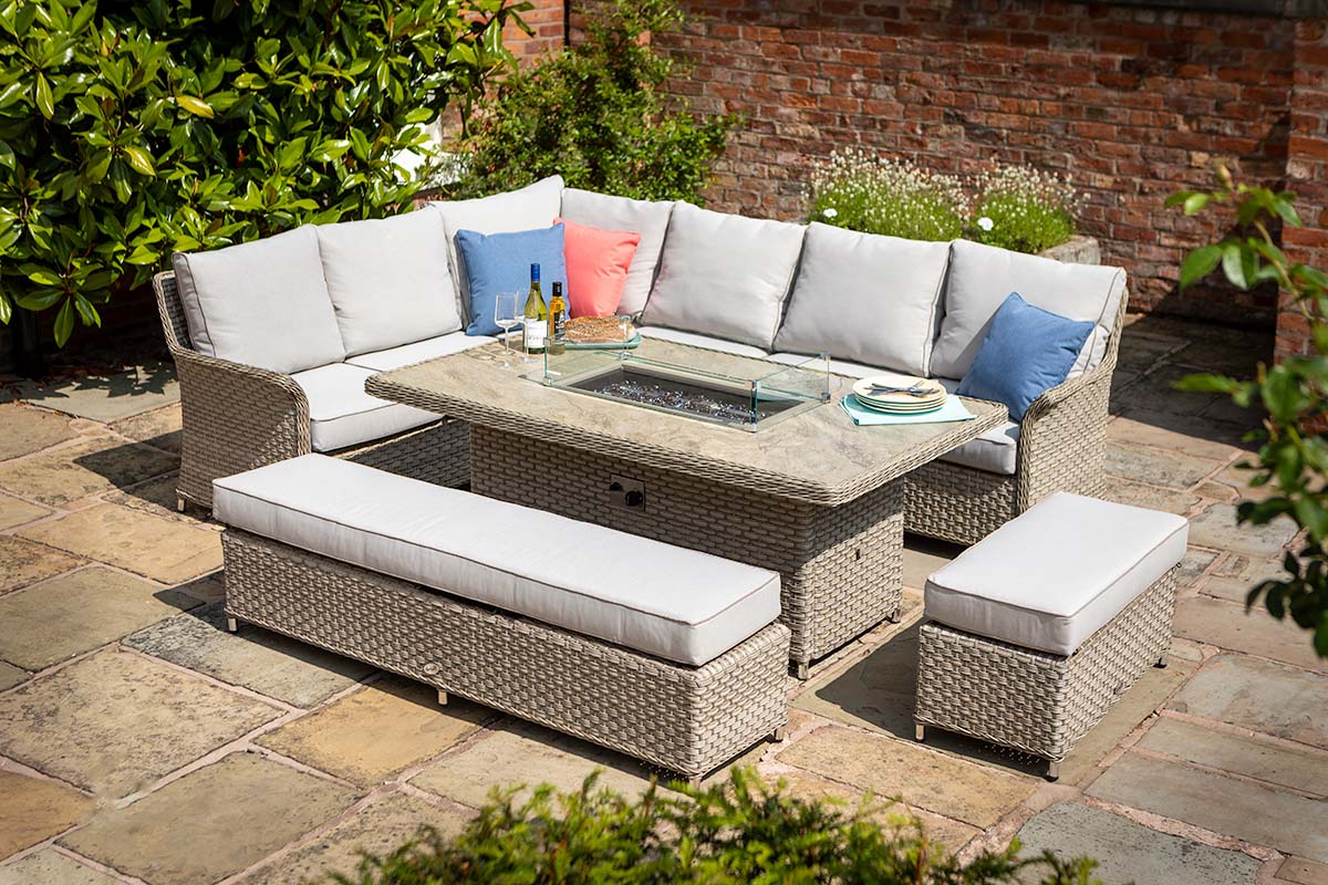 Heritage Grand Rectangular Casual Dining Set with Gas Fire Pit Table 