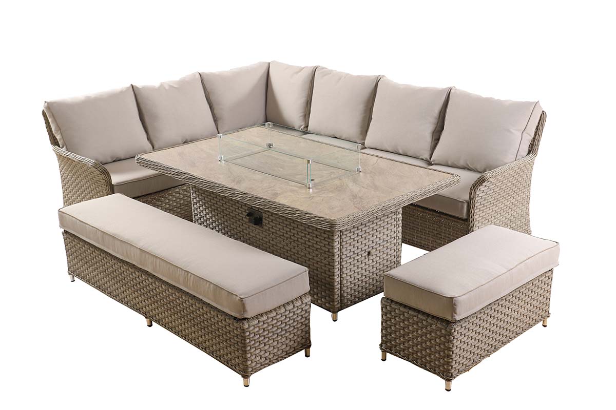 Heritage Grand Rectangular Casual Dining Set with Gas Fire Pit Table 