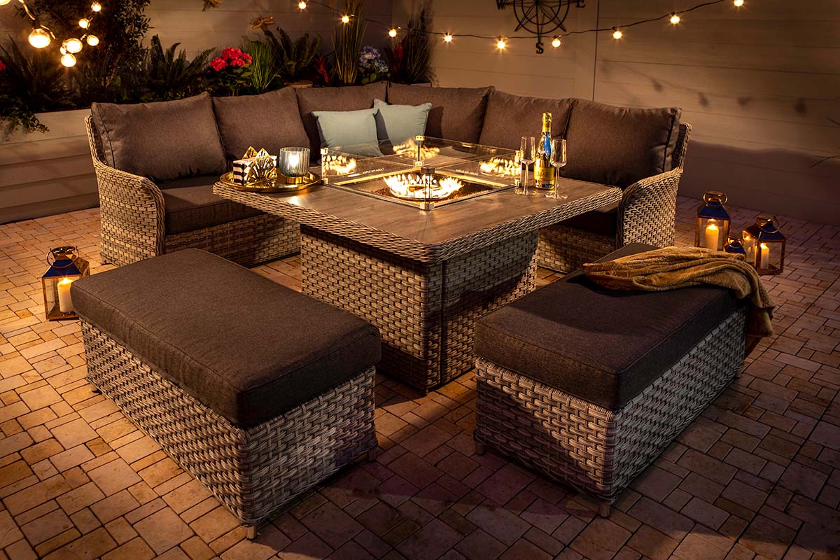 Heritage Grand Square Casual Dining Set with Gas Fire Pit Table 