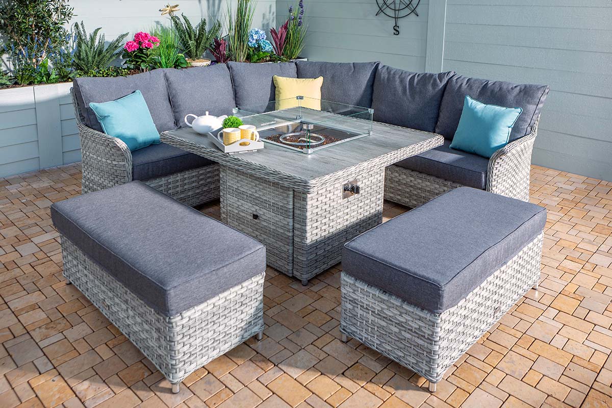 Heritage Grand Square Casual Dining Set with Gas Fire Pit Table 
