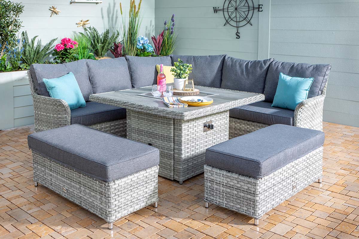 Heritage Grand Square Casual Dining Set with Gas Fire Pit Table 