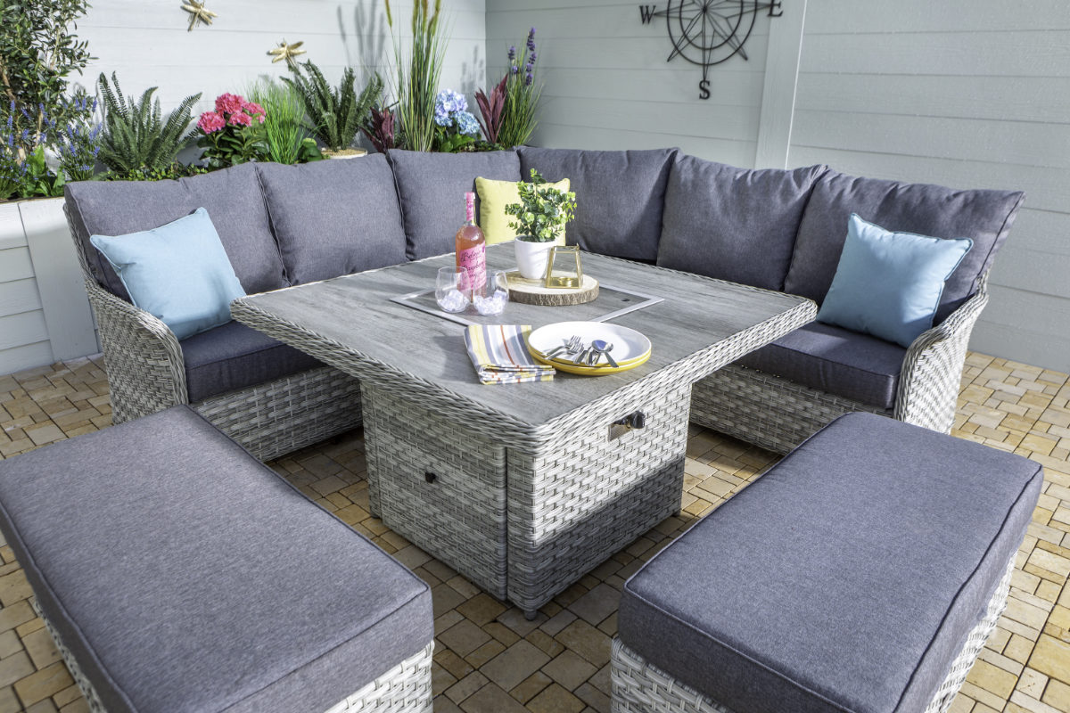 Heritage Grand Square Casual Dining Set with Gas Fire Pit Table 