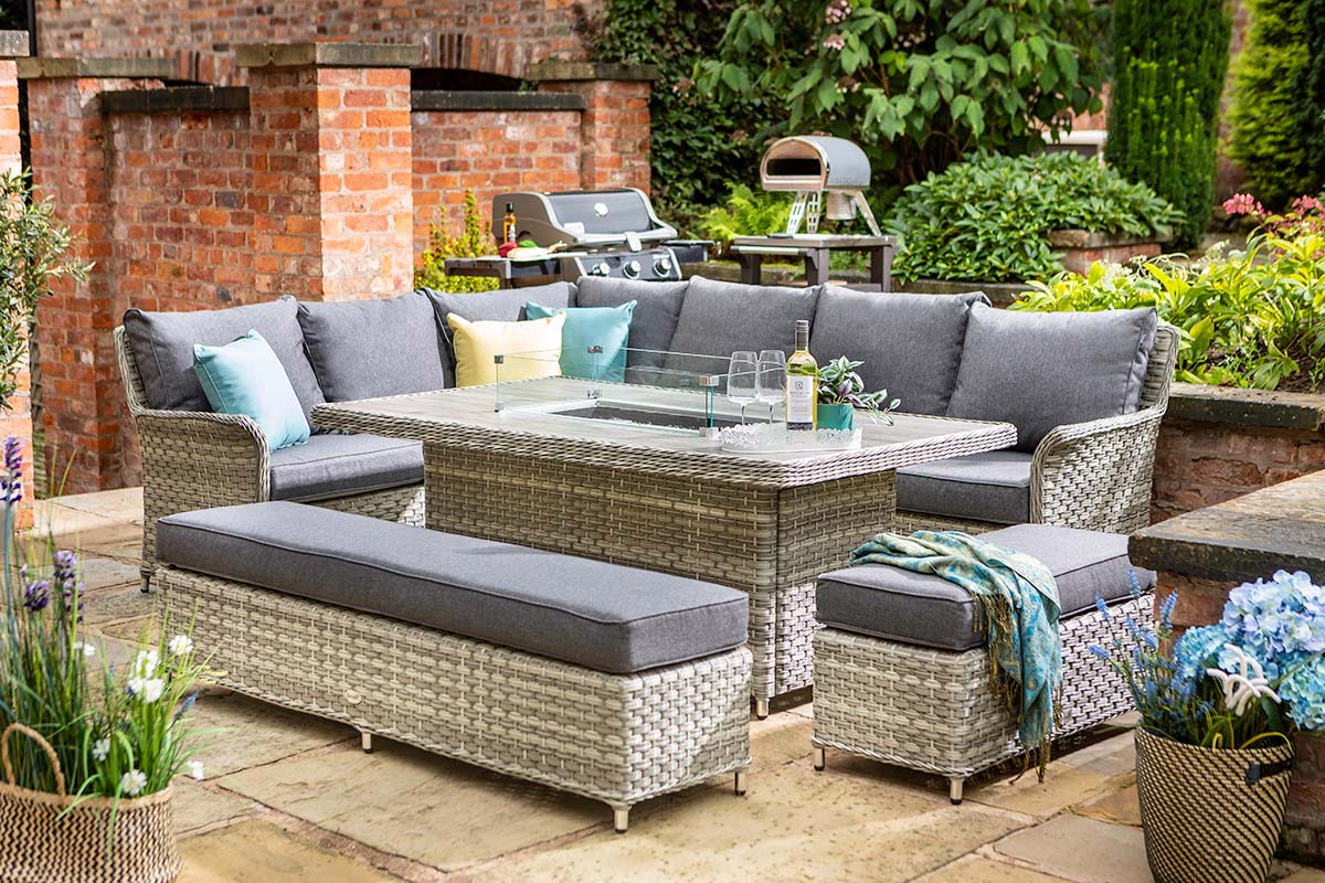 Heritage Grand Rectangular Casual Dining Set with Gas Fire Pit Table 