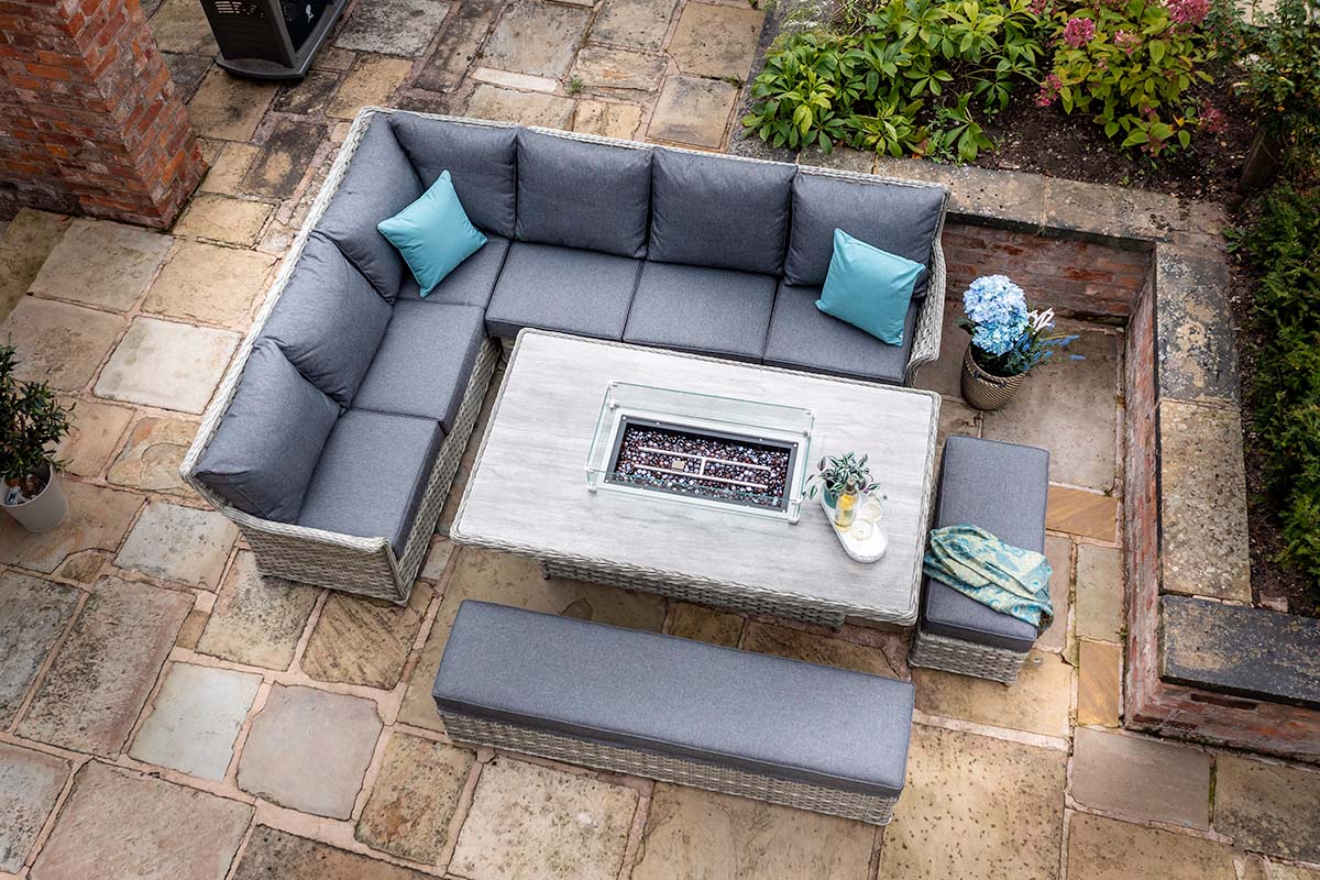 Heritage Grand Rectangular Casual Dining Set with Gas Fire Pit Table 