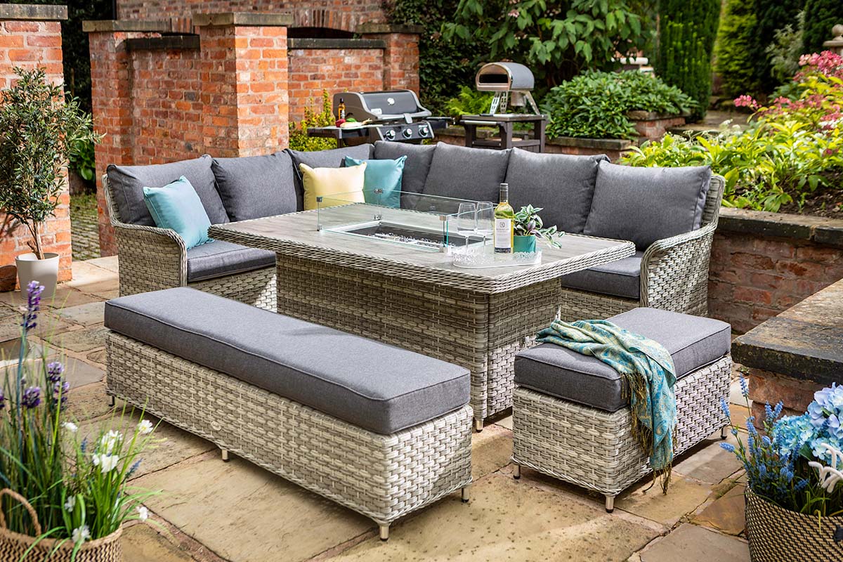 Heritage Grand Rectangular Casual Dining Set with Gas Fire Pit Table 