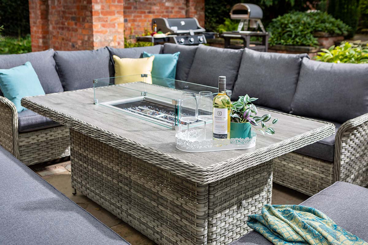 Heritage Grand Rectangular Casual Dining Set with Gas Fire Pit Table 