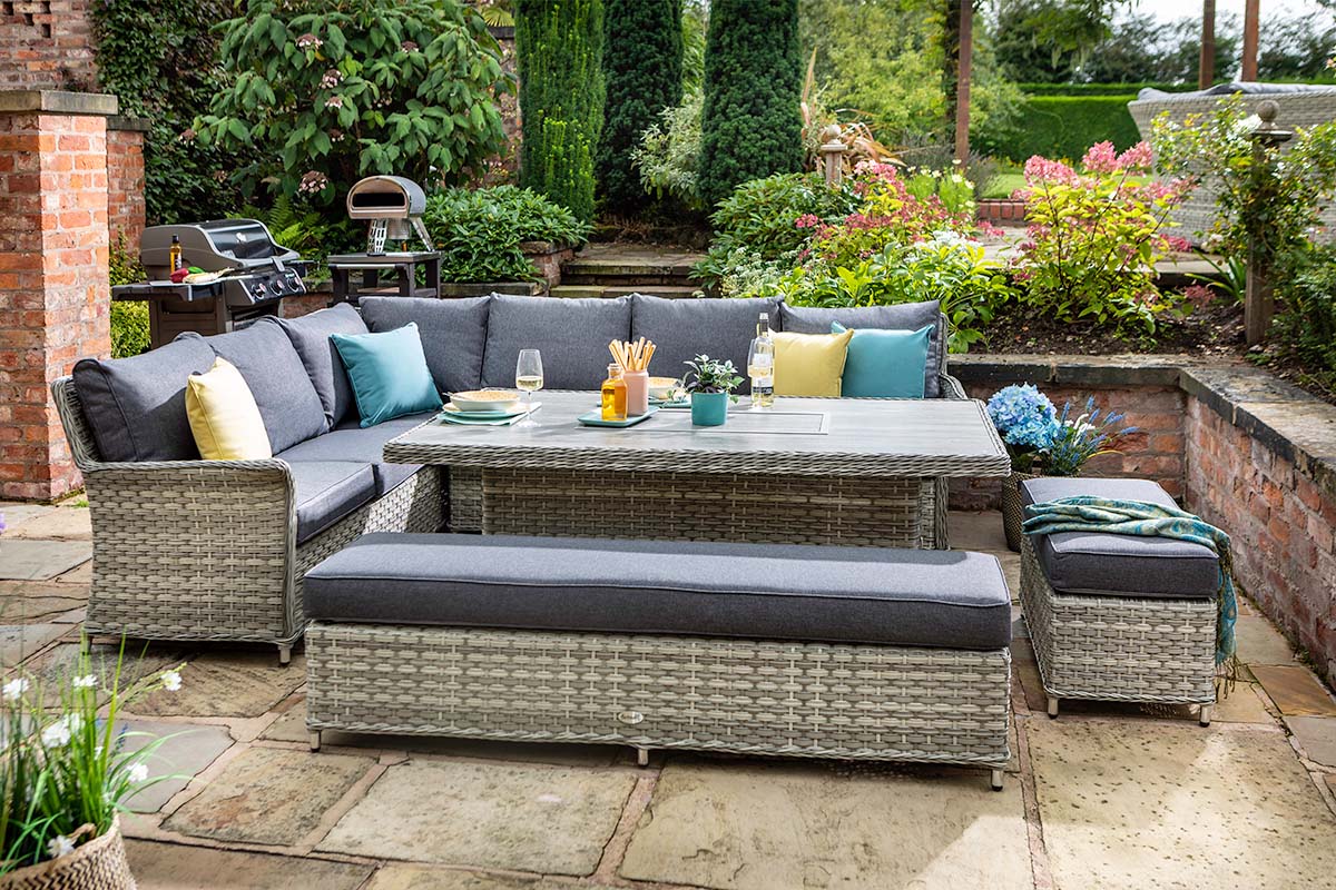 Heritage Grand Rectangular Casual Dining Set with Gas Fire Pit Table 