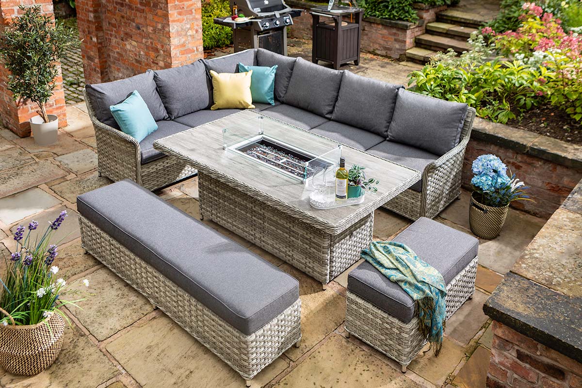 Heritage Grand Rectangular Casual Dining Set with Gas Fire Pit Table 