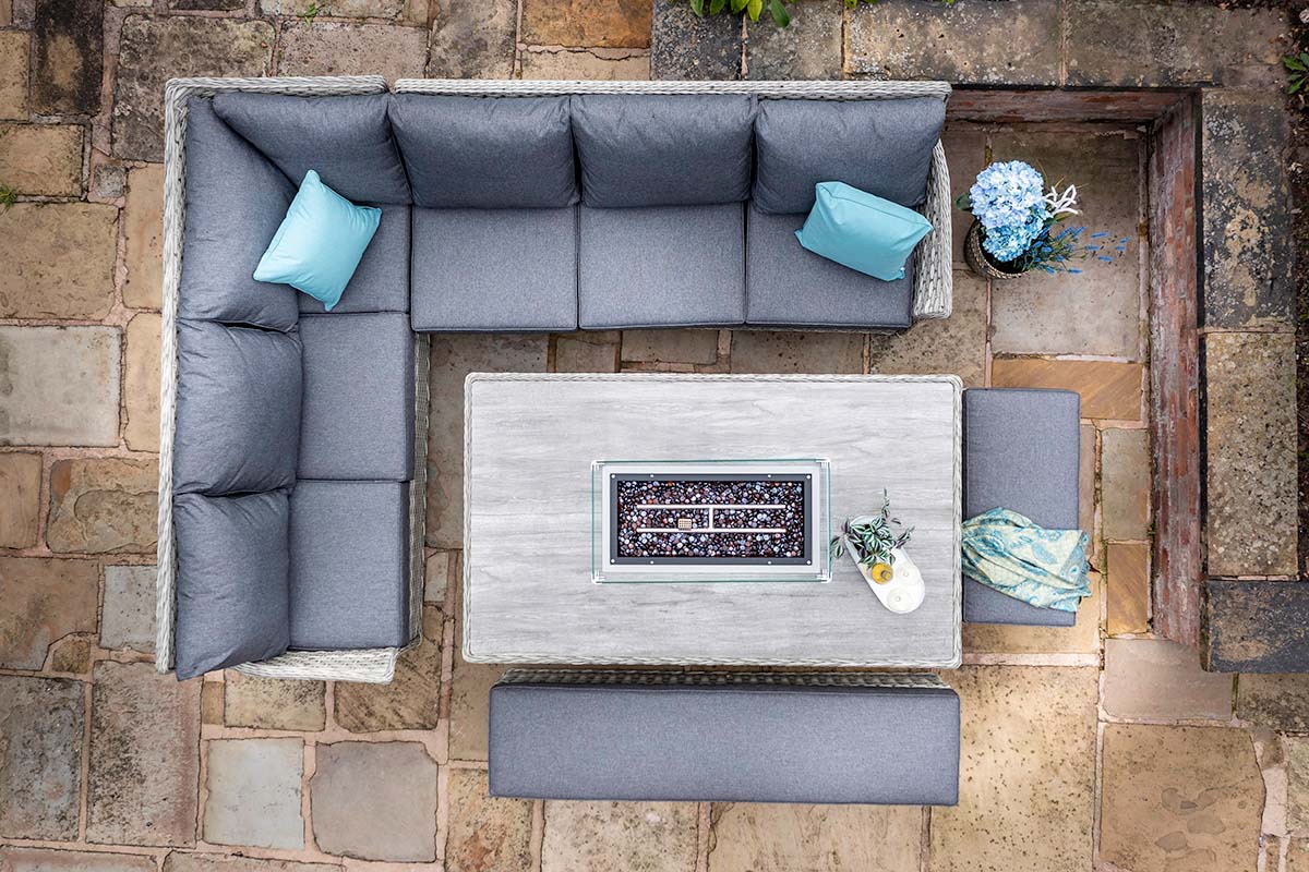 Heritage Grand Rectangular Casual Dining Set with Gas Fire Pit Table 
