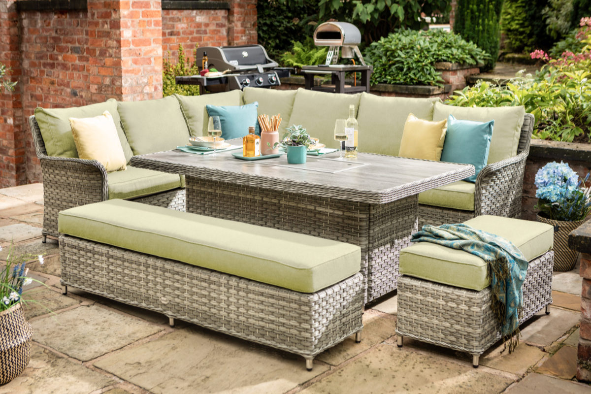 Heritage Grand Rectangular Casual Dining Set with Gas Fire Pit Table 