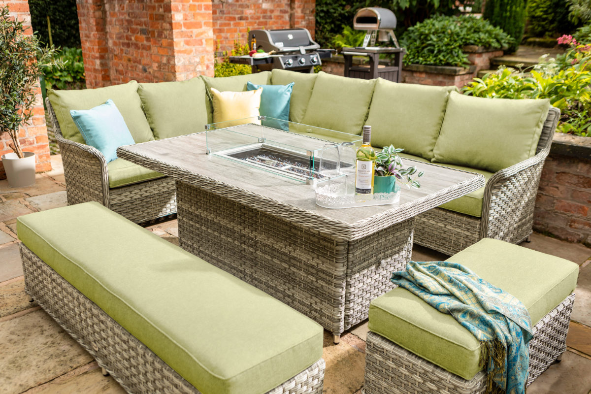 Heritage Grand Rectangular Casual Dining Set with Gas Fire Pit Table 